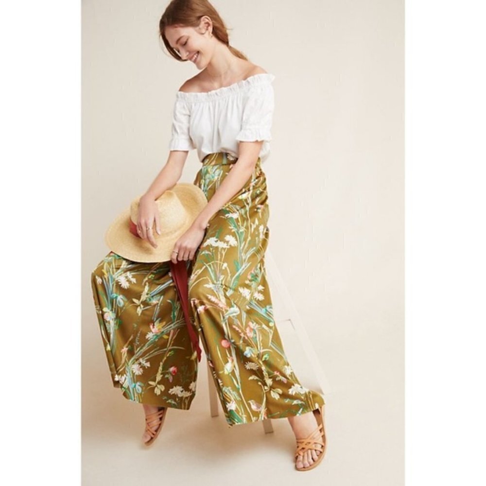 Anthropologie Maeve MP 8/10 Shiloh Elastic Waist Wide Leg Pants Olive Green Flaw